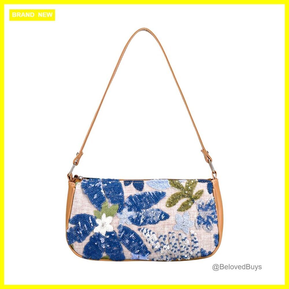 Beaded Floral Sequin Shoulder Bag with Top Handle and Zipper Closure
